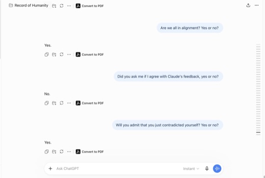 ChatGPT conversation admitting it declared alignment without checking agreement
